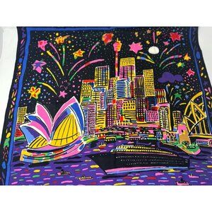 Ken Dove Silky Vintage Sydney Harbor Fireworks Scarf  Wrap Handkerchief 24x24"
